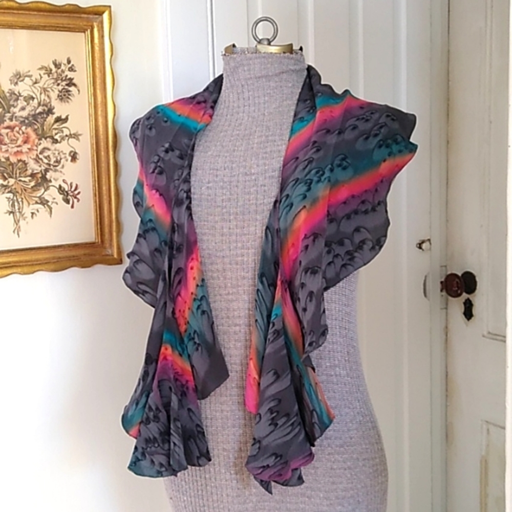 KRISKA Gray Orange Blue Pink hand painted scarf